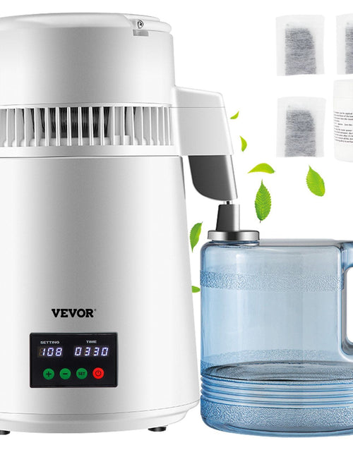 Load image into Gallery viewer, 1.1Gal Water Distiller, 0.3Gal/H, 750W Distilled Water Maker Machine 0-99H Timing Set Temp Display, 304 Stainless Steel Countertop Distiller Plastic Carafe Cleaning Powder 3 Carbon Packs, White
