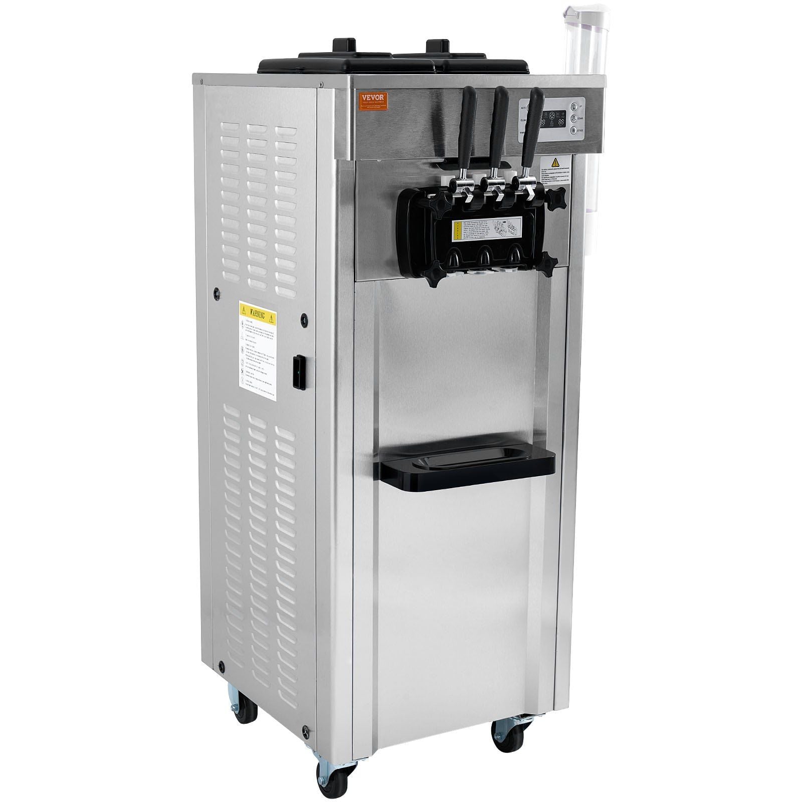 1850W Commercial Soft Ice Cream Machine 3 Flavors 5.3 to 7.4Gallon per Hour PreCooling at Night Auto Clean LCDPanel for Restaurants Snack Bar, Sliver