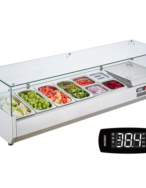 Load image into Gallery viewer, Refrigerated Condiment Prep Station, 150 W Countertop Refrigerated Condiment Station, with 4 1/3 Pans &amp; 4 1/6 Pans, 304 Stainless Body and PC Lid, Sandwich Prep Table with Glass Guard, ETL
