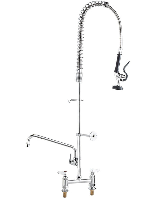 Load image into Gallery viewer, Commercial Faucet with Pre-Rinse Sprayer, 44" Height, 8" Center, 12" Swing Spout, Deck Mount Kitchen Sink Faucet, Brass Constructed Device with Pull Down Spray, for 1/2/3 Compartment Sink
