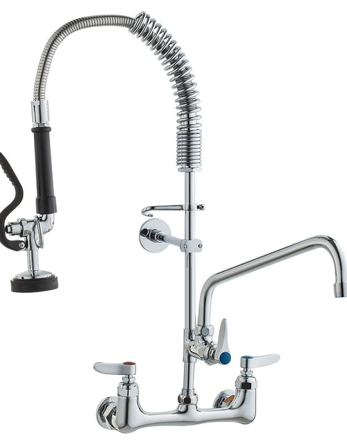 Load image into Gallery viewer, Commercial Faucet with Pre-Rinse Sprayer, 25" Height, 8" Center, 12" Swing Spout, Wall Mount Kitchen Sink Faucet, Brass Constructed Device with Pull Down Spray, for 1/2/3 Compartment Sink
