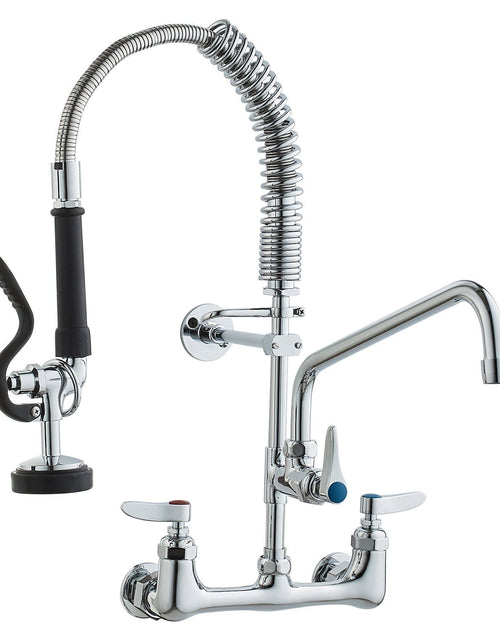 Load image into Gallery viewer, Commercial Faucet with Pre-Rinse Sprayer, 21" Height, 8" Center, 12" Swing Spout, Wall Mount Kitchen Sink Faucet, Brass Constructed Device with Pull Down Spray, for 1/2/3 Compartment Sink
