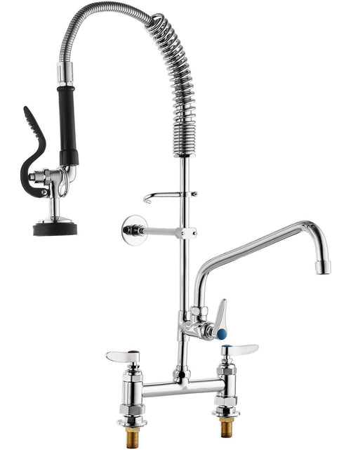 Load image into Gallery viewer, Commercial Faucet with Pre-Rinse Sprayer, 26" Height, 8" Center, 12" Swing Spout, Deck Mount Kitchen Sink Faucet, Brass Constructed Device with Pull Down Spray, for 1/2/3 Compartment Sink
