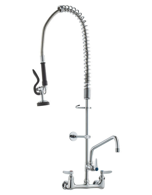 Load image into Gallery viewer, Commercial Faucet with Pre-Rinse Sprayer, 36" Height, 8" Center, 12" Swing Spout, Wall Mount Kitchen Sink Faucet, Brass Constructed Device with Pull Down Spray, for 1/2/3 Compartment Sink
