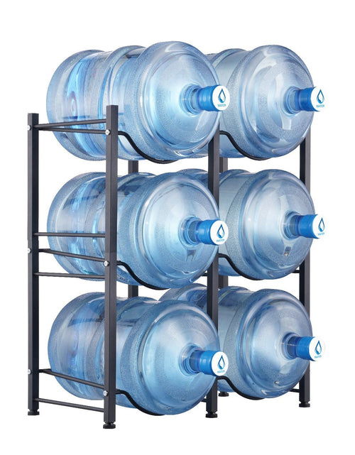 Load image into Gallery viewer, 3 Tiers Water Jug Holder Double Row Water Bottle Rack for 6 Bottles Black
