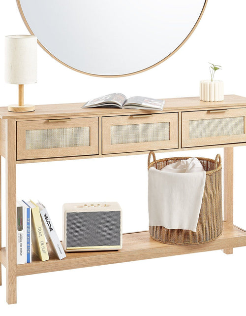 Load image into Gallery viewer, Rattan Console Table with 3 Storage Drawers Rattan Sliding Door Natural
