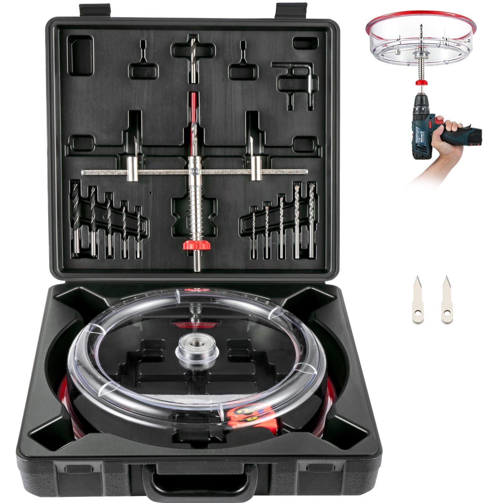 Adjustable Hole Saw Cutter Kit, 1-5/8" to 11-13 /16" (40-300 mm), Recessed Hole Saw with PC Dust Shield, Two Replaceable Pilot Drill Bits, for Recessed Lights, Ceiling Speakers, Vent Holes