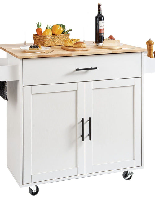 Load image into Gallery viewer, Kitchen Island Cart with Solid Wood Top, 35.4" Width Mobile Carts with Storage Cabinet, Rolling Kitchen Table with Spice Rack, Towel Rack, Drop Leaf and Drawer, Portable Islands on Wheels, White
