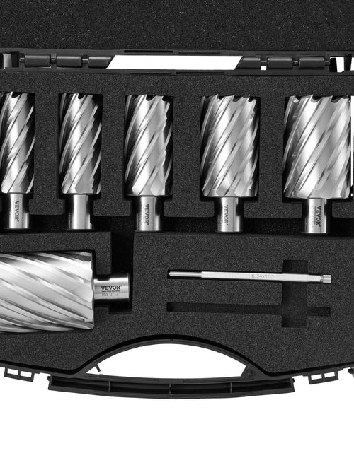 Load image into Gallery viewer, Annular Cutter Set, 6 pcs Weldon Shank Mag Drill Bits, 1" to 2" Cutting Diameter, 2" Cutting Depth, M2AL High-Speed Steel, with 2 Pilot Pins and Portable Case, for Using with Magnetic Drills
