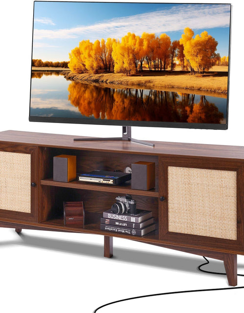 Load image into Gallery viewer, Rattan TV Stand for 75in TV, Boho TV Stand with Rattan Door, Entertainment Center with Build-in Socket, Storage Cabinet with 2 Shelves, Modern TV Console for Living Room, Media Room, Walnut

