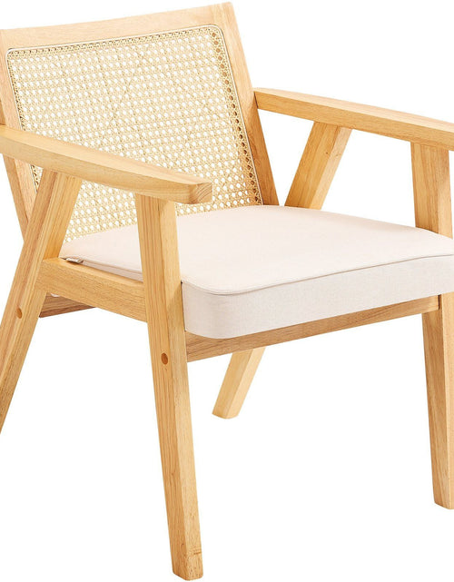 Load image into Gallery viewer, Mid Century Modern Rattan Chair, Upholstered Velvet Accent Chair with Rattan Back, Retro Living Room Chair for Living Room, Bedroom, Reading Room, and Office, Beige
