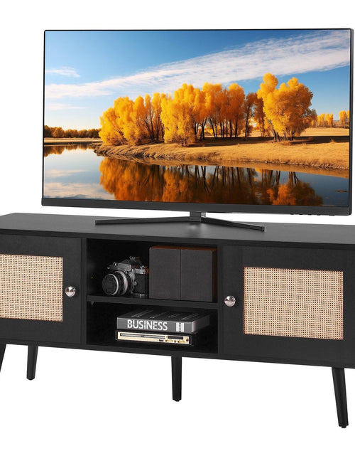 Load image into Gallery viewer, Rattan TV Stand, Boho TV Cabinet for 55 inch TV, Mid Century Modern TV Stand, Rattan TV Console with Adjustable Shelfs for Living Room, Media Room, Black
