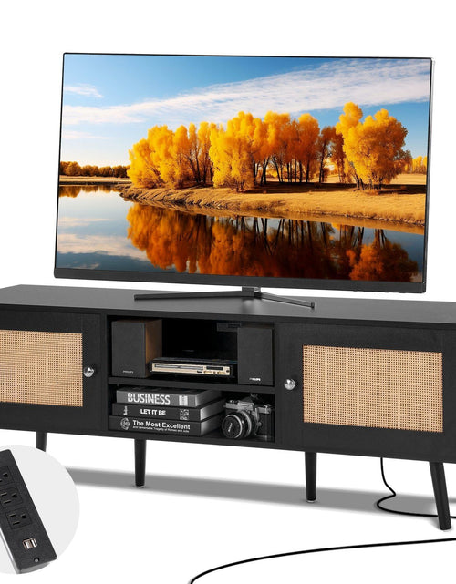 Load image into Gallery viewer, Rattan TV Stand for 65 inch TV, Boho TV Stand with Rattan Door, Entertainment Center with Build-in Socket and USB Ports, Modern TV Console for Living Room, Media Room, Black
