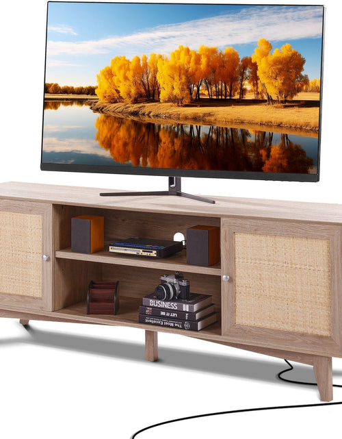 Load image into Gallery viewer, Rattan TV Stand, Mid Century Modern TV Stand for 75 inch TV, Boho Rattan TV Cabinet with Build-in Socket and USB Ports, Adjustable Shelfs for Living Room, Media Room, Oak
