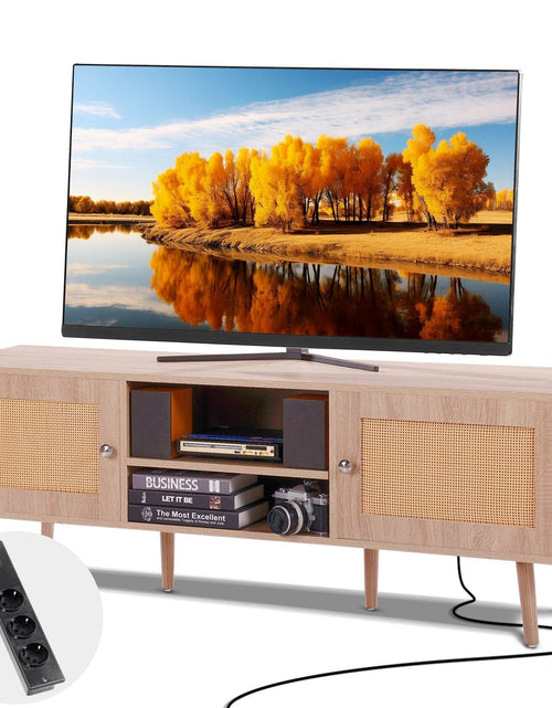 Load image into Gallery viewer, Rattan TV Stand, Mid Century Modern TV Stand for 65 inch TV, Boho Rattan TV Cabinet with Build-in Socket and USB Ports, Adjustable Shelfs for Living Room, Media Room, Oak
