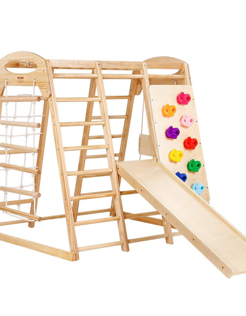 Load image into Gallery viewer, Indoor Jungle Gym, 7-in-1 Toddler Indoor Playground, Wooden Toddler Climbing Toys Indoor with Wood &amp; Rope Ladder, Net Ladder, Swing, Monkey Bar, Slide, Climbing Wall, 43 x 47.2 x 47in
