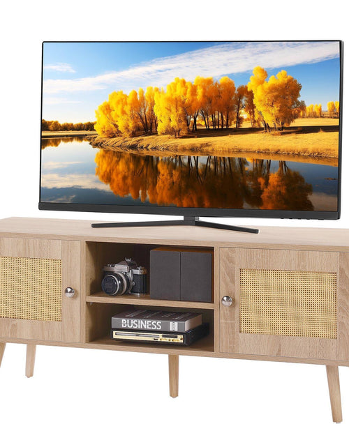 Load image into Gallery viewer, Rattan TV Stand, Boho TV Cabinet for 55 inch TV, Mid Century Modern TV Stand, Rattan TV Console with Adjustable Shelfs for Living Room, Media Room, Oak
