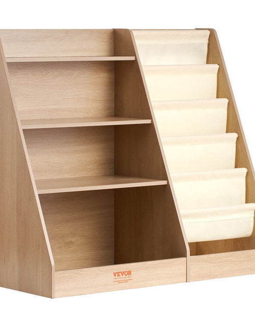 Load image into Gallery viewer, Wooden Kids Bookshelf 4-Tier, Toy Storage Organizer for Toddler, Book Shelf for Kids Rooms with 6-Layer Sling Book Rack, Baby Book Storage Shelves for Kids Room, Playroom, Kindergarten, Nursery
