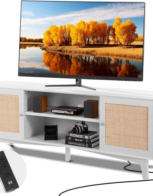 Load image into Gallery viewer, Rattan TV Stand for 75in TV, Boho TV Stand with Rattan Door, Entertainment Center with Build-in Socket, Storage Cabinet with 2 Shelves, Modern TV Console for Living Room, Media Room, White
