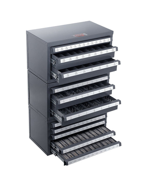 Load image into Gallery viewer, Drill Bit Dispenser Cabinet, 3 Pieces Three-Drawer for 1/16" to 1/2" &amp; Letter Sizes A to Z, Five-Drawer Drill Bit Organizer for Wire Gauge Sizes #1 to #60, Stackable for Drill Bit Storage
