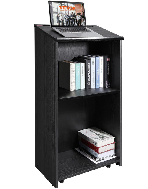 Load image into Gallery viewer, Podium Stand, 47 in Hostess Stand with 4 Rolling Wheels, Wood Podium with Storage Shelves, and Slant Desktop, Lecterns &amp; Podiums for Church, Office, School, Home, Black
