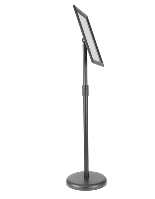 Load image into Gallery viewer, Pedestal Sign Holder, 8.5 x 11 Inch Vertical and Horizontal Adjustable Poster Stand, Heavy-Duty Floor Standing Sign Holder with Round Base for Display, Advertisement, and Outdoor, Black
