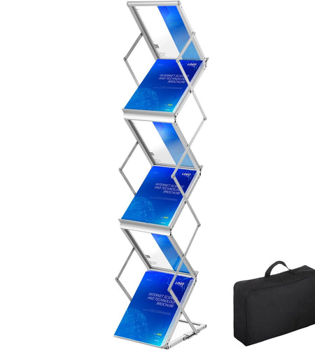 Literature Rack, 6 Pockets, Pop up Aluminum Magazine Rack, Lightweight Catalog Holder Stand w/Carrying Bag for Living Room, Hotel, Trade Show, Exhibition, Office