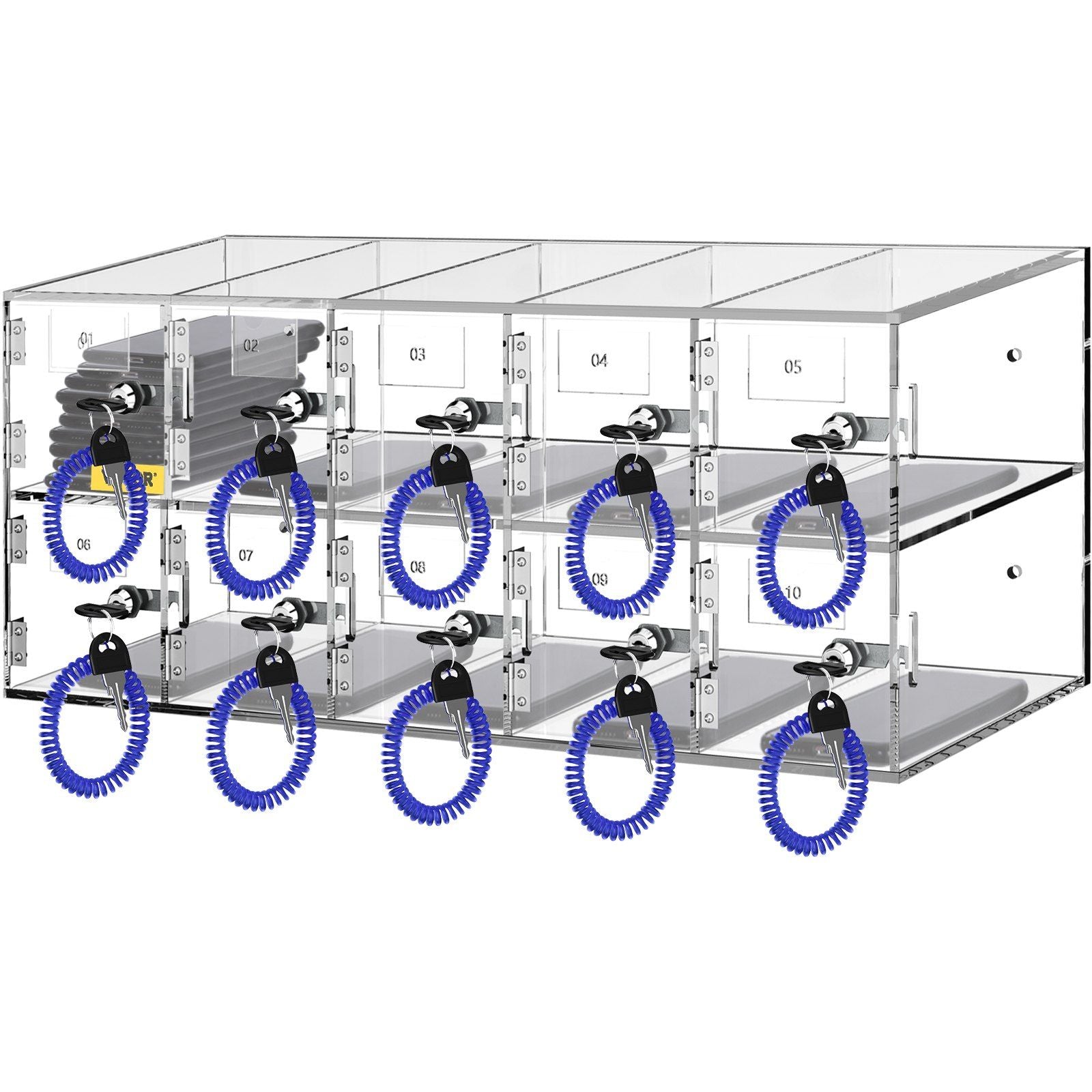 Cell Phone Storage Locker, 10 Slots Acrylic Material with Door Locks and Keys, Wall-Mounted Cabinet Pocket Office Classroom Gym Box, Clear