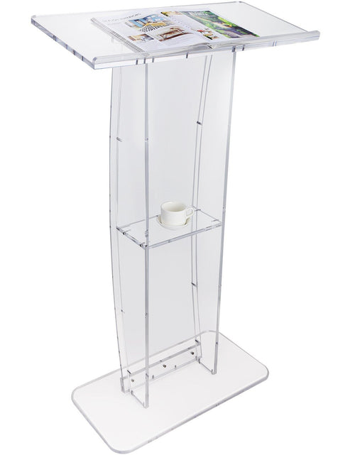 Load image into Gallery viewer, Acrylic Podium, 47" Clear Acrylic Podium Stand with Wide Reading Surface &amp; Storage Shelf, Floor-standing Clear Pulpits Acrylic for Church Office School
