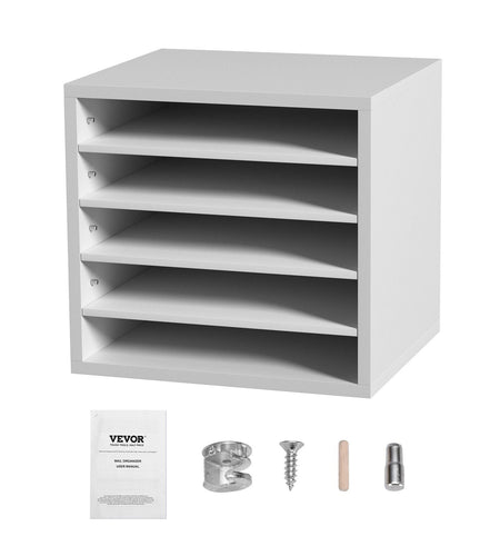 Literature Organizers, 5 Compartments Office Mailbox with Adjustable Shelves, Wood Literature Sorter 13.9x12x13 inches for Office, Home, Classroom, Mailrooms Organization, EPA Certified, White