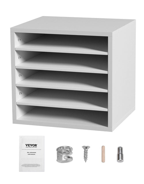 Load image into Gallery viewer, Literature Organizers, 5 Compartments Office Mailbox with Adjustable Shelves, Wood Literature Sorter 13.9x12x13 inches for Office, Home, Classroom, Mailrooms Organization, EPA Certified, White
