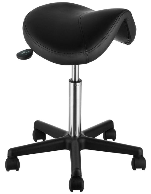 Load image into Gallery viewer, Saddle Stool with Wheels, 400 LBS Weight Capacity, Height Adjustable Thickened PU Leather Swivel Saddle Stool Chair for Salon, Spa, Tattoo, Clinic, Black
