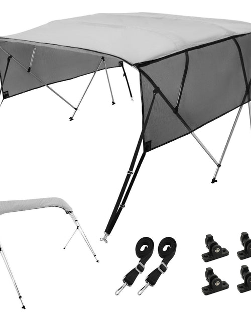 Load image into Gallery viewer, 4 Bow Bimini Top Boat Cover, Detachable Mesh Sidewalls, 600D Polyester Canopy with 1" Aluminum Alloy Frame, Includes Storage Boot, 2 Straps, 2 Support Poles, 8'L x 54"H x 85"-90"W, Light Grey

