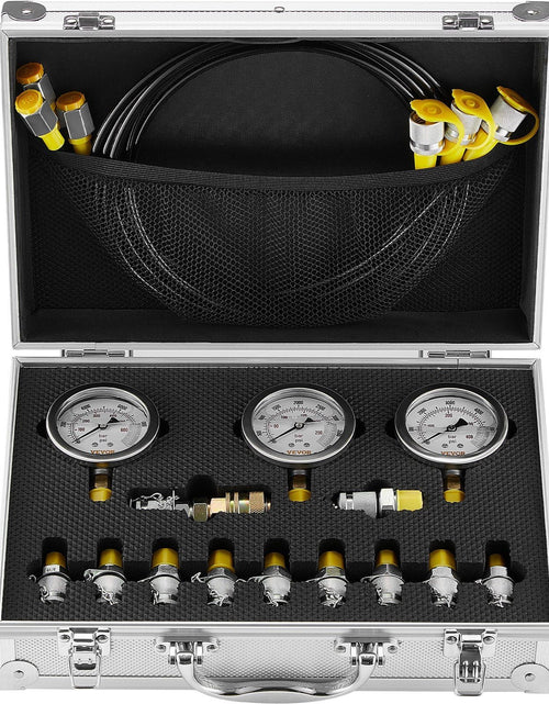 Load image into Gallery viewer, Hydraulic Pressure Test Kit, 250/400/600bar, 3 Gauges 11 Test Couplings 3 Test Hoses, Excavator Hydraulic Test Gauge Set with Portable Carrying Case for Excavator Tractors Construction Machinery
