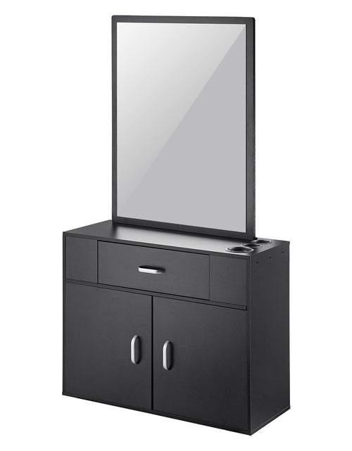 Load image into Gallery viewer, Salon Storage Cabinet, Wall Mounted Barber Salon Station for Hair Stylist, Hair Stylist Station Set, with 3 Sleeves, A Mirror, Double-door Cabinet, and A Drawer, Black

