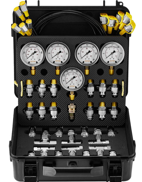 Load image into Gallery viewer, Hydraulic Pressure Test Kit, 10/100/250/400/600bar, 5 Gauges 13 Couplings 14 Tee Connectors 5 Test Hoses, Excavator Hydraulic Test Gauge Set with Carrying Case for Excavator Tractors Machinery
