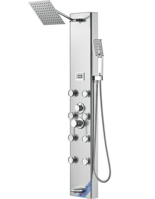 Load image into Gallery viewer, Shower Panel System, 5 Shower Modes, Digital Display Shower Panel Tower, Rainfall, 8 Massage Jets, Tub Spout, 3-Setting Handheld Shower Head 59" Hose, Stainless Steel Wall-Mounted Shower Set

