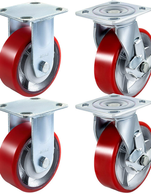 Load image into Gallery viewer, 4 Pack 6 x 2 Inch Caster Wheels 2 Rigid and 2 Swivel Casters with Side Brake Polyurethane Iron Core Plate 1000LBS Capacity Per Wheel
