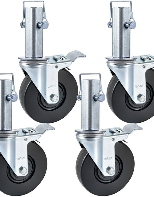 Load image into Gallery viewer, 4 Pack 5Inch Scaffolding Rubber Swivel Caster Wheels with Dual Locking Heavy Duty Casters 1.25Inch Square Stem 440LBS Capacity per Wheel
