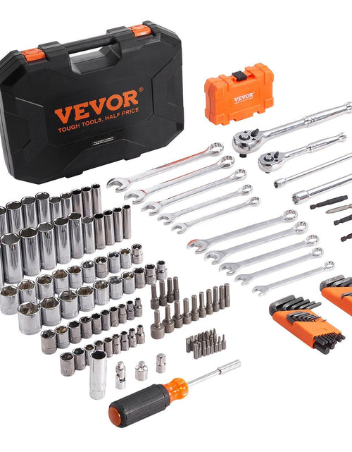 Load image into Gallery viewer, Mechanics Tool Set and Socket Set, 1/4" and 3/8" Drive Deep and Standard Sockets, 145 Pcs SAE and Metric Mechanic Tool Kit with Bits, Combination Wrench, Hex Wrenches, Accessories, Storage Case
