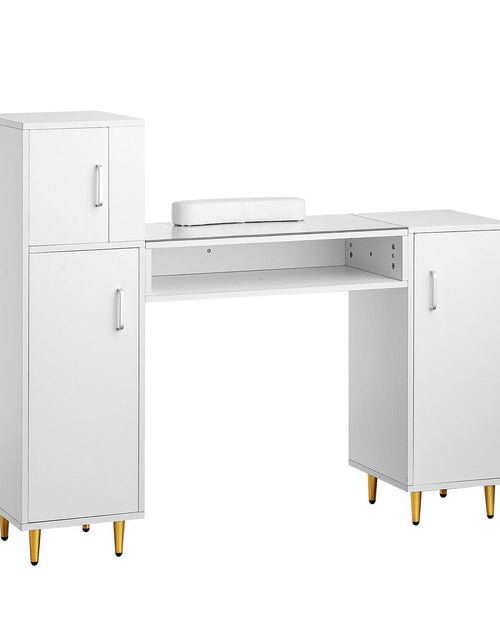 Load image into Gallery viewer, Manicure Table, Glass Top Nail Desk, Makeup Dressing Nail Station with Storage Cabinets, Acetone-Resistant Nail Tech Table for Beauty Salon Spa Workstation with 8 Metal Legs, Wrist Rest, White

