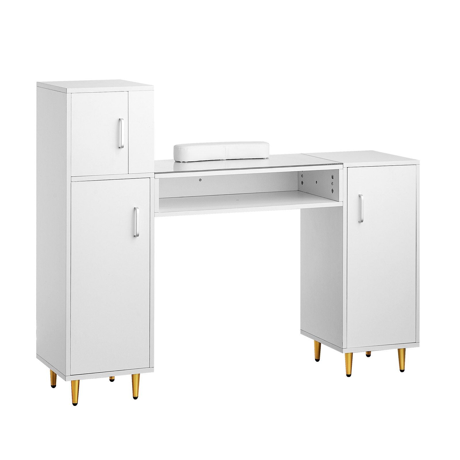 Manicure Table, Glass Top Nail Desk, Makeup Dressing Nail Station with Storage Cabinets, Acetone-Resistant Nail Tech Table for Beauty Salon Spa Workstation with 8 Metal Legs, Wrist Rest, White