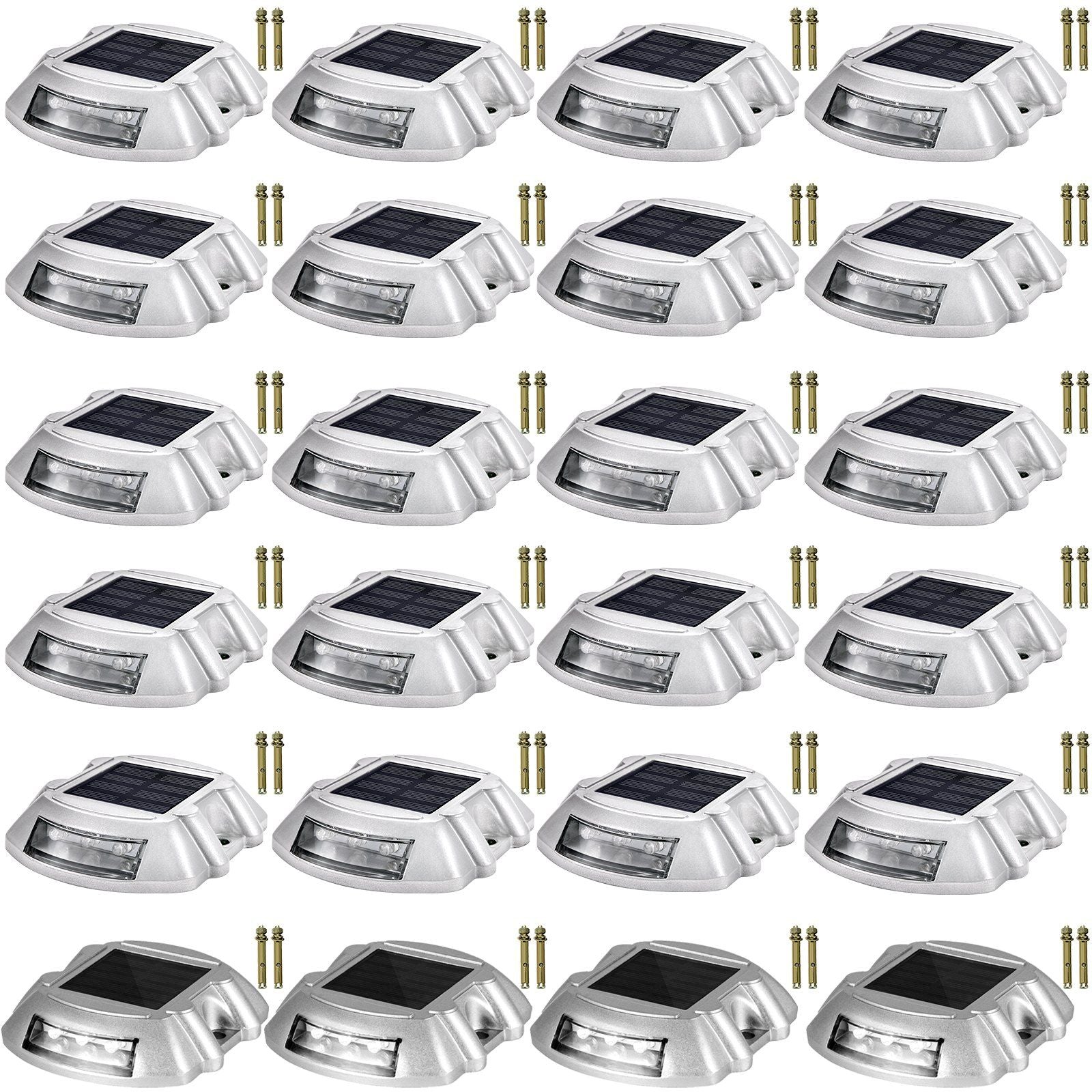 Driveway Lights 24-Pack Solar Driveway Lights Bright White with Screw Solar Deck Lights Outdoor Waterproof Wireless Dock Lights 6 LEDs for Path Warning Garden Walkway Sidewalk Steps