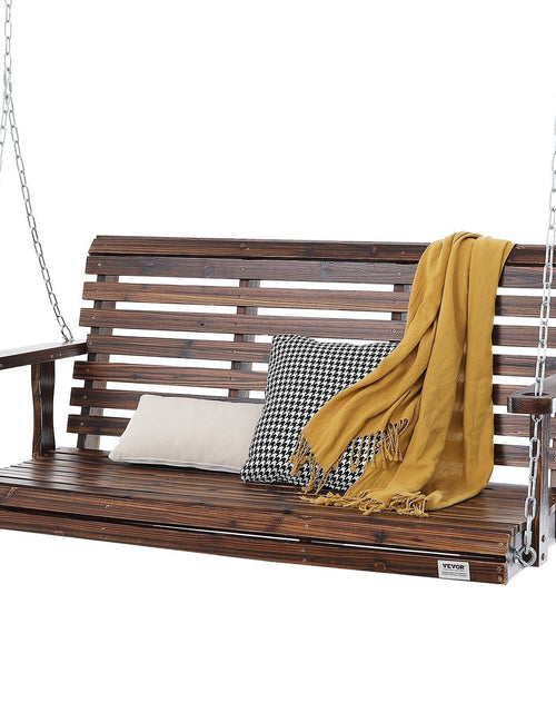 Load image into Gallery viewer, Wooden Porch Swing 4.5 ft, Patio bench swing for Courtyard &amp; Garden, Upgraded 880 lbs Strong Load Capacity, Heavy Duty Swing Chair Bench with Hanging Chains for Outdoors, Carbonized Brown
