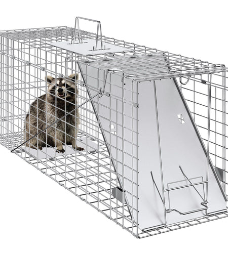 Live Animal Cage Trap, 31" x 10" x 12" Humane Cat Trap Galvanized Iron, Folding Animal Trap with Handle for Rabbits, Stray Cats, Squirrels, Raccoons, Groundhogs and Opossums