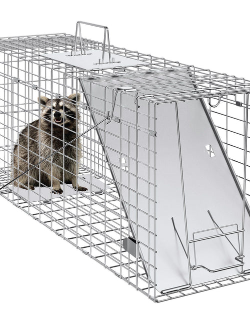 Load image into Gallery viewer, Live Animal Cage Trap, 31" x 10" x 12" Humane Cat Trap Galvanized Iron, Folding Animal Trap with Handle for Rabbits, Stray Cats, Squirrels, Raccoons, Groundhogs and Opossums
