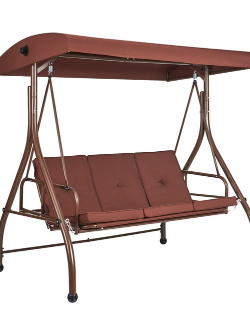 Load image into Gallery viewer, 3-Seat Patio Swing Chair, Converting Canopy Swing, Outdoor Patio Porch with Adjustable Canopy, Removable Thick Cushion and Alloy Steel Frame, for Balcony, Backyard, Poolside, Brown
