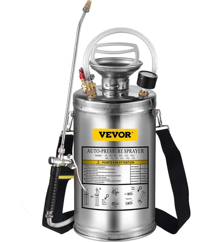 1.5Gal Stainless Steel Sprayer, Set with 16" Wand& Handle& 3.3FT Reinforced Hose, Hand Pump Sprayer with Pressure Gauge&Safety Valve, Adjustable Nozzle Suitable for Gardening& Sanitizing
