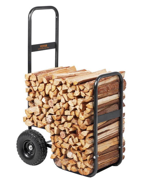 Load image into Gallery viewer, Firewood Log Cart, 250 lbs Capacity, Outdoor and Indoor Wood Rack Storage Mover with PU Wheels &amp; Waterproof Cloth, Heavy Duty Steel Dolly Hauler, Firewood Carrier for Fireplace, Fire Pit, Black
