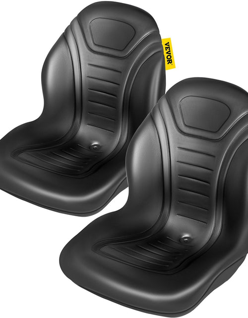 Load image into Gallery viewer, Universal Tractor Seat Replacement 2 Pack, Compact High Back Mower Seat Pair, Black Vinyl Forklift Seat, Central Drain Hole Skid Steer Seat with Mounting Bolt Patterns
